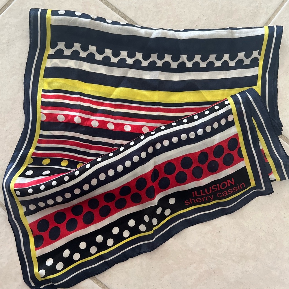 Sherry Cassin Polka Dot Stripe Silk Scarf - Navy, Red, Yellow, White 64”x14”